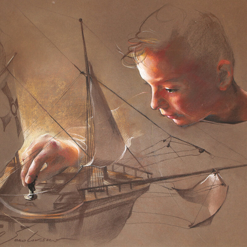Igra – portret dječaka s brodom, pastel